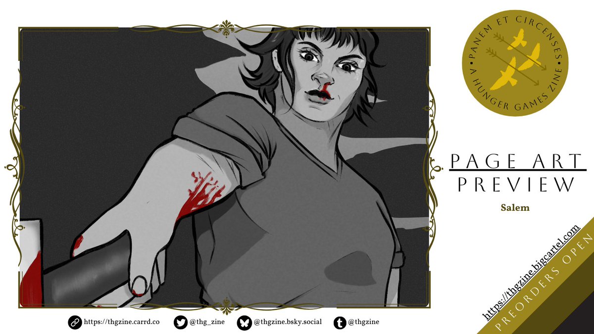 PREORDERS FOR <a href="/thg_zine/">Panem et Circenses: The Hunger Games Zine</a>  ARE OPEN!
everyone worked super hard, and it's been so fun to be part of a zine for a piece of media I've been a hardcore fan of since I was a kid. Here's a sneak peak of my Johanna from her original games 👀