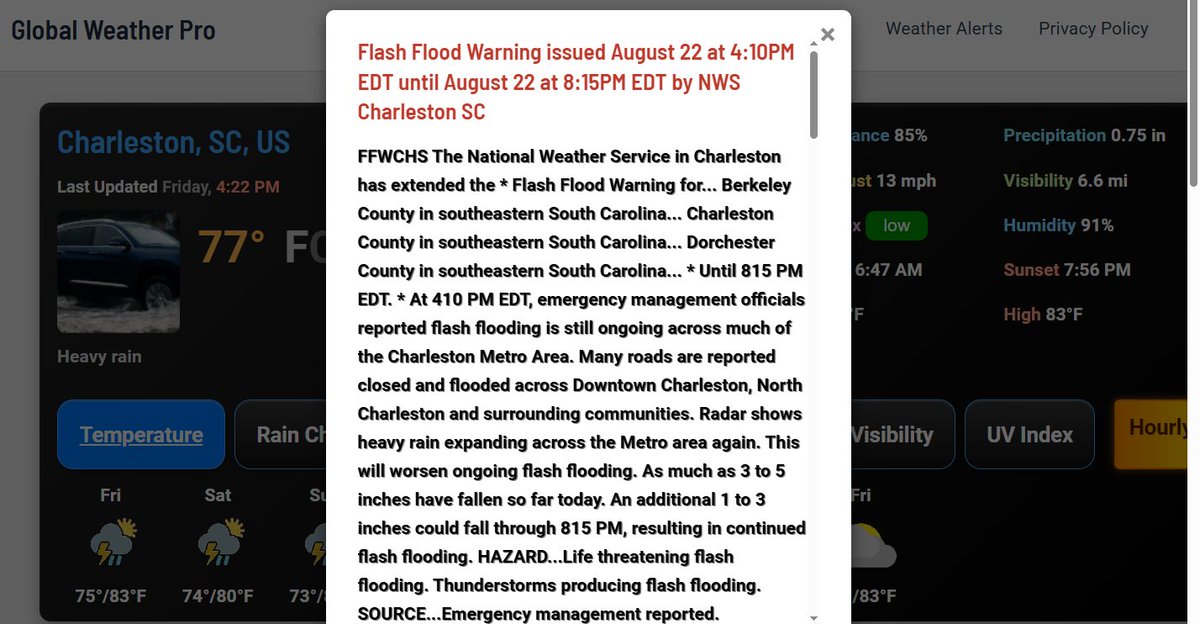 Point Forecaster for Android (@point_forecast) on Twitter photo #FlashFlood #Flood #SCwx
<a href="/NWSFlashFlood/">@NWSFlashFlood</a> has issued a Flash Flood Warning continuation for Charleston SC, North Charleston SC and Hanahan SC until 8:15 PM EDT
globalweatherpro.com/weather-alerts… #FlashFlood #Flood #SCwx
<a href="/NWSFlashFlood/">@NWSFlashFlood</a> has issued a Flash Flood Warning continuation for Charleston SC, North Charleston SC and Hanahan SC until 8:15 PM EDT
globalweatherpro.com/weather-alerts…