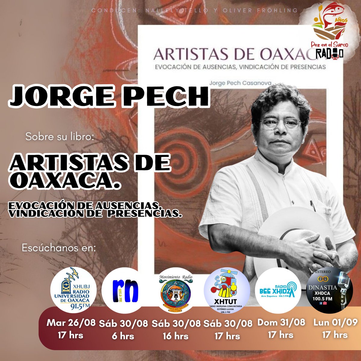 #radio
Jorge Pech,  poeta y narrador yucateco, nos comparte detalles de su más  reciente libro “Artistas de Oaxaca”. Una obra que, a través de ensayos, nos lleva a recorrer  la historia y el presente de las y los artistas plásticos de Oaxaca.