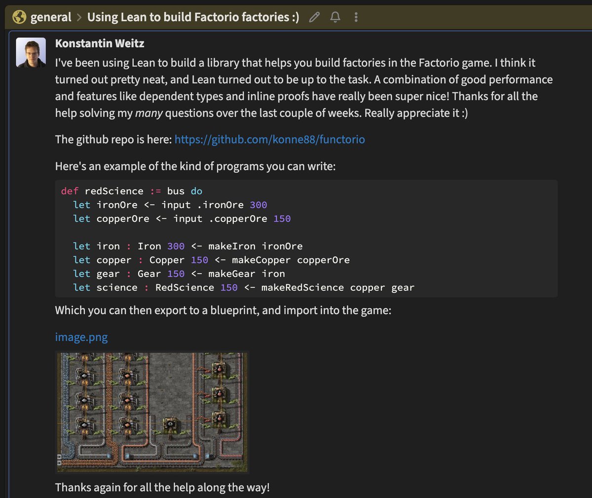 algebraic_dev's tweet image. Imagine using LEAN to build and optimize your Factorio factories. Konstantin Weitz just did it and posted it on the Lean Zulip lol :P
github.com/konne88/functo…