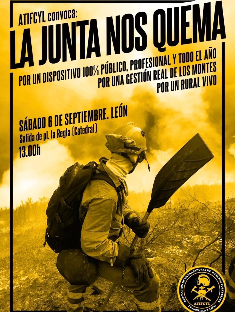 Óscar. (@oscarbforestal) on Twitter photo Los #BomberosForestalesCyL (<a href="/BBFFLuchaCyl/">Asociación de Trabajadores IIFF CyL 🔥</a>) convocan una concentración el día sábado 6 de septiembre a la 13:00h en León.
‼️Se ruega máxima difusión‼️ Los #BomberosForestalesCyL (<a href="/BBFFLuchaCyl/">Asociación de Trabajadores IIFF CyL 🔥</a>) convocan una concentración el día sábado 6 de septiembre a la 13:00h en León.
‼️Se ruega máxima difusión‼️