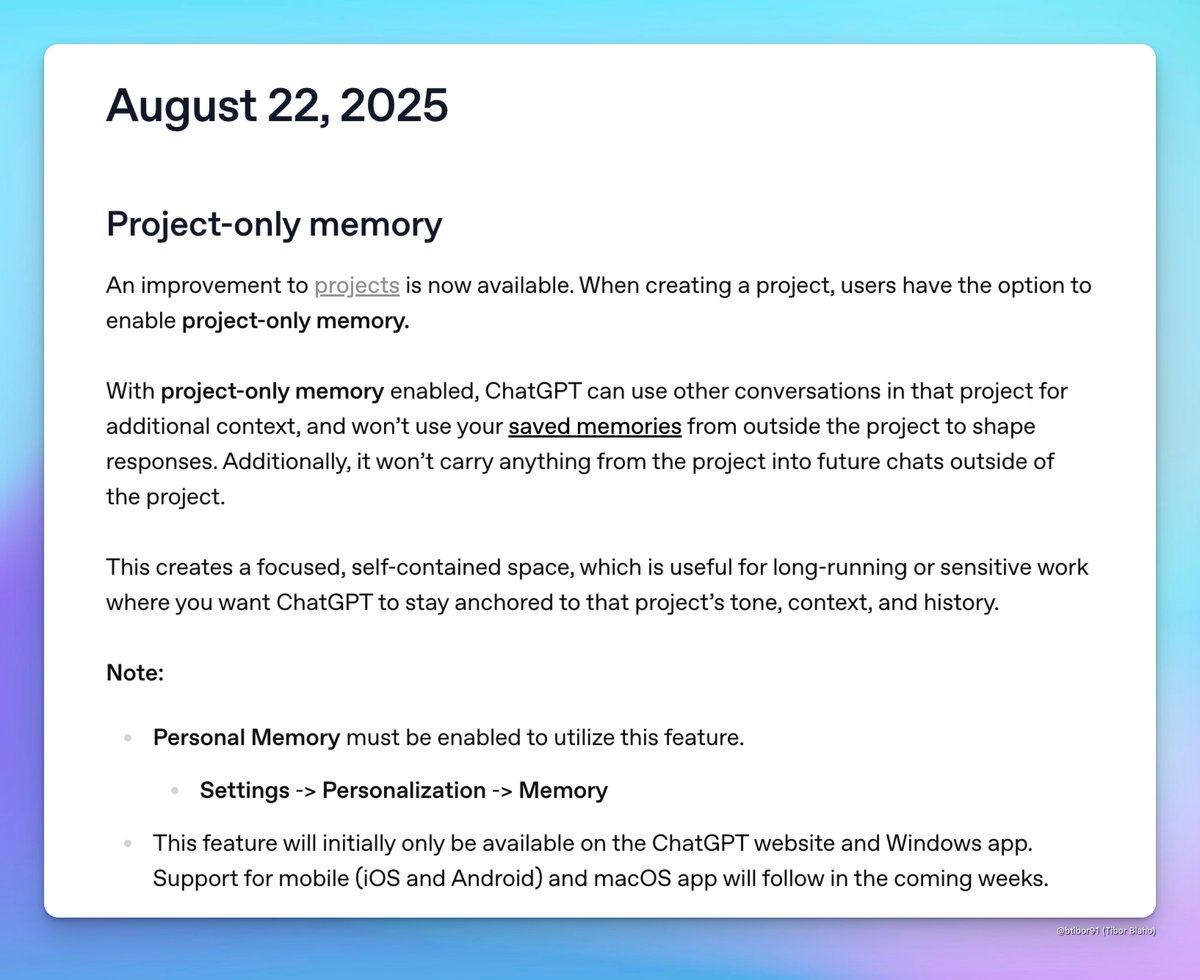 btibor91's tweet image. ChatGPT now supports Project-only memory where ChatGPT can use other conversations in that project for additional context but won&apos;t use saved memories from outside the project

help.openai.com/en/articles/68…