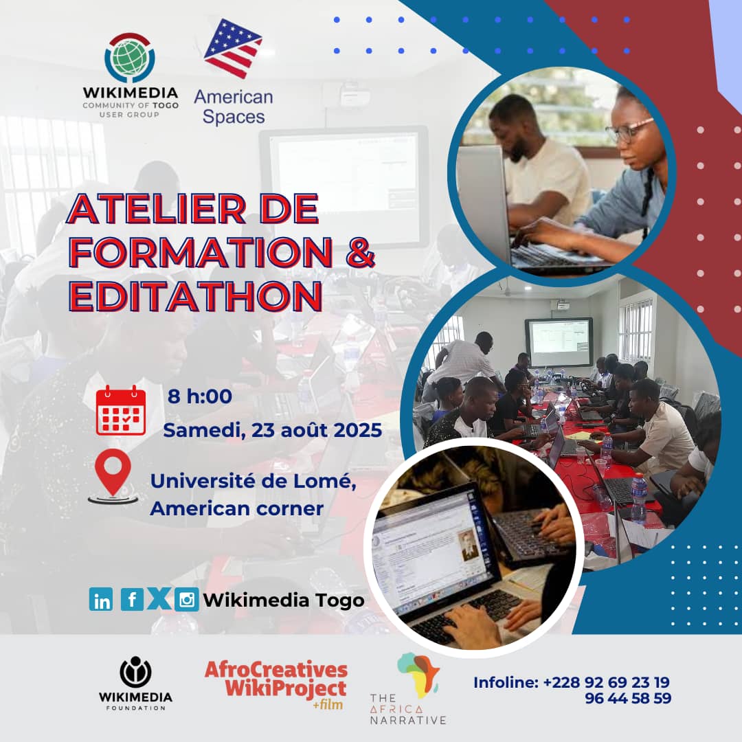 🎬 3ᵉ samedi en présentiel – #AfroCreatives2025 au Togo !
📌 Traduction d’articles cinématographiques sur Wikipédia.
📅 Sam. 23 août – 8h GMT
📍 American Corner, UL
💻 Venez avec votre PC et contribuez !
#WikiProjectFilm #Culture