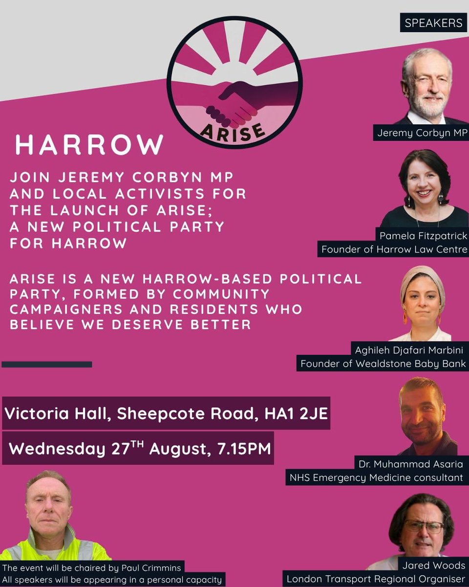 Pamela Fitzpatrick (@pamelafitz4hw) on Twitter photo Delighted to announce that <a href="/jeremycorbyn/">Jeremy Corbyn</a> will be joining us for the launch of Arise a new Harrow based political party. For more information visit our website ariseparty.org.uk Delighted to announce that <a href="/jeremycorbyn/">Jeremy Corbyn</a> will be joining us for the launch of Arise a new Harrow based political party. For more information visit our website ariseparty.org.uk