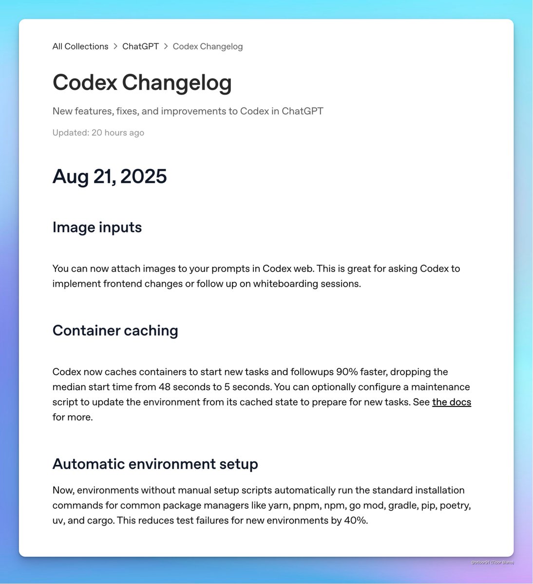 btibor91's tweet image. Codex in ChatGPT now supports image inputs to attach with your prompts, container caching speeds up starting of new tasks and followups by 90%, and environments without manual setup scripts now automatically run environment setup using common package managers…