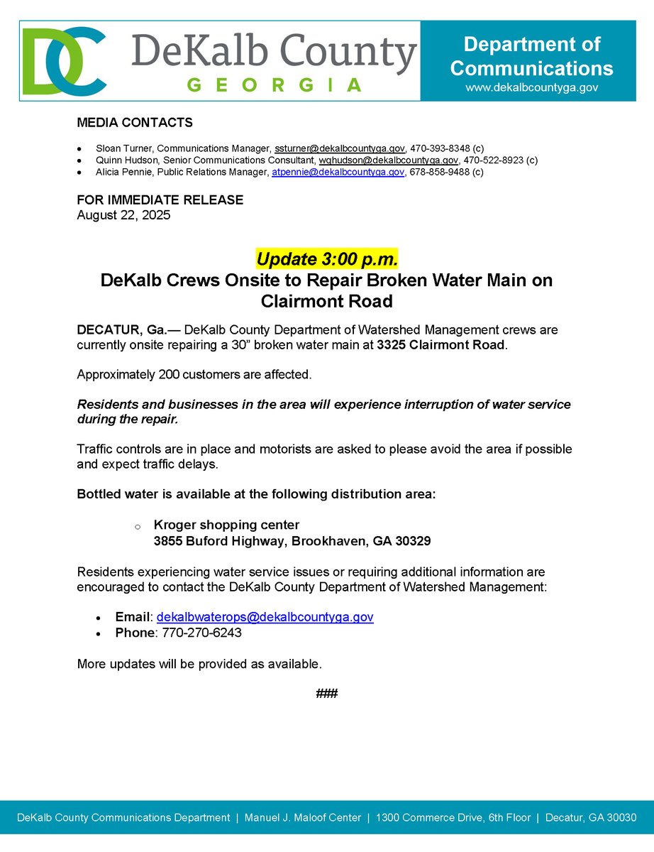 Chamblee GA (@chambleega) on Twitter photo Residents experiencing water service issues or requiring additional information are encouraged to contact the DeKalb County Department of Watershed Management:
Email: dekalbwaterops@dekalbcountyga.gov
Phone: 770-270-6243 Residents experiencing water service issues or requiring additional information are encouraged to contact the DeKalb County Department of Watershed Management:
Email: dekalbwaterops@dekalbcountyga.gov
Phone: 770-270-6243