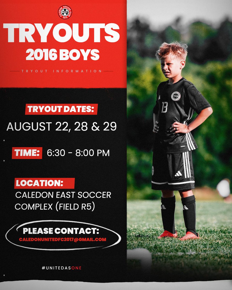 2016 Boys Tryouts ⚽

📅 August 22, 28 &amp; 29
🕡 6:30 – 8:00 PM
📍 Caledon East Soccer Complex (Field R5)
📧 For more info: caledonunitedfc2017@gmail.com

💥 Goalkeeper wanted! Come show your skills between the posts!

#UnitedAsOne