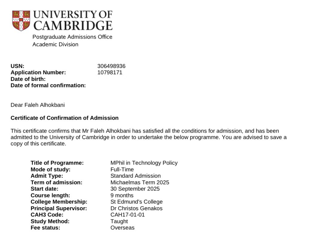 Faleh107's tweet image. DREAM BIG YOU’R SAUDI 🇸🇦🇸🇦

ولله الحمد ابشركم بقبولي في جامعة كامبريدج العريقة لدرجة الماجستير، راح يكون تركيزي بإذن  الله على تطوير السياسات والتشريعات للتقنيات الدفاعية &amp;amp; الفضائية في المملكة 🚀🎉. 

#GoingToCambridge