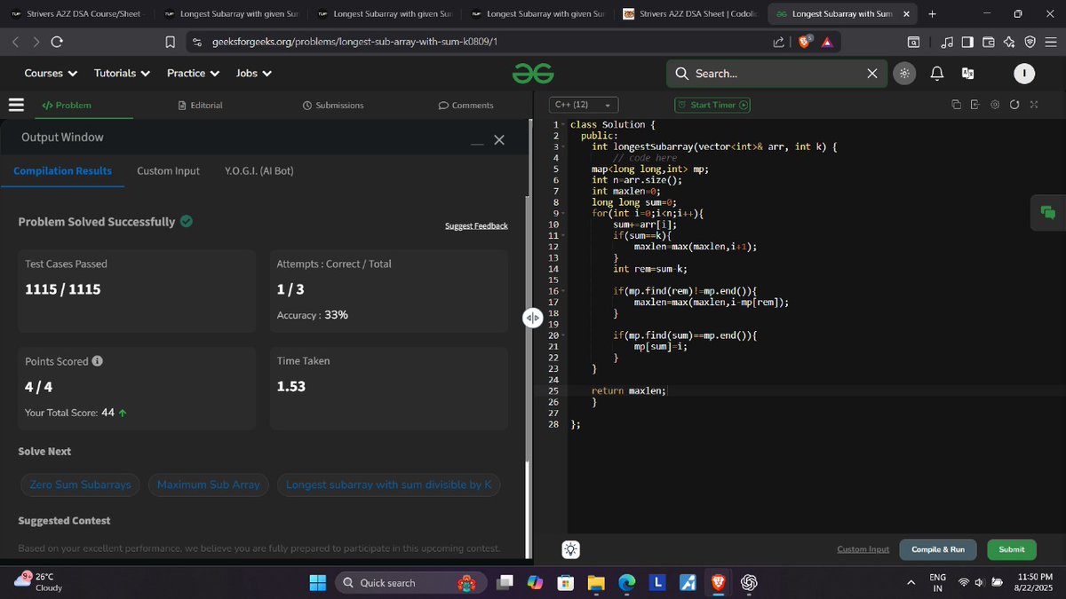 sahu_ipesh's tweet image. Day 3 of #100DaysOfCode

-&amp;gt; Solved &quot;Longest Subarray with Sum K&quot; on GFG . 

-&amp;gt; Learned CSS: align-items, flex-direction, :hover, gradients, grouping selector
#WebDev #DSA