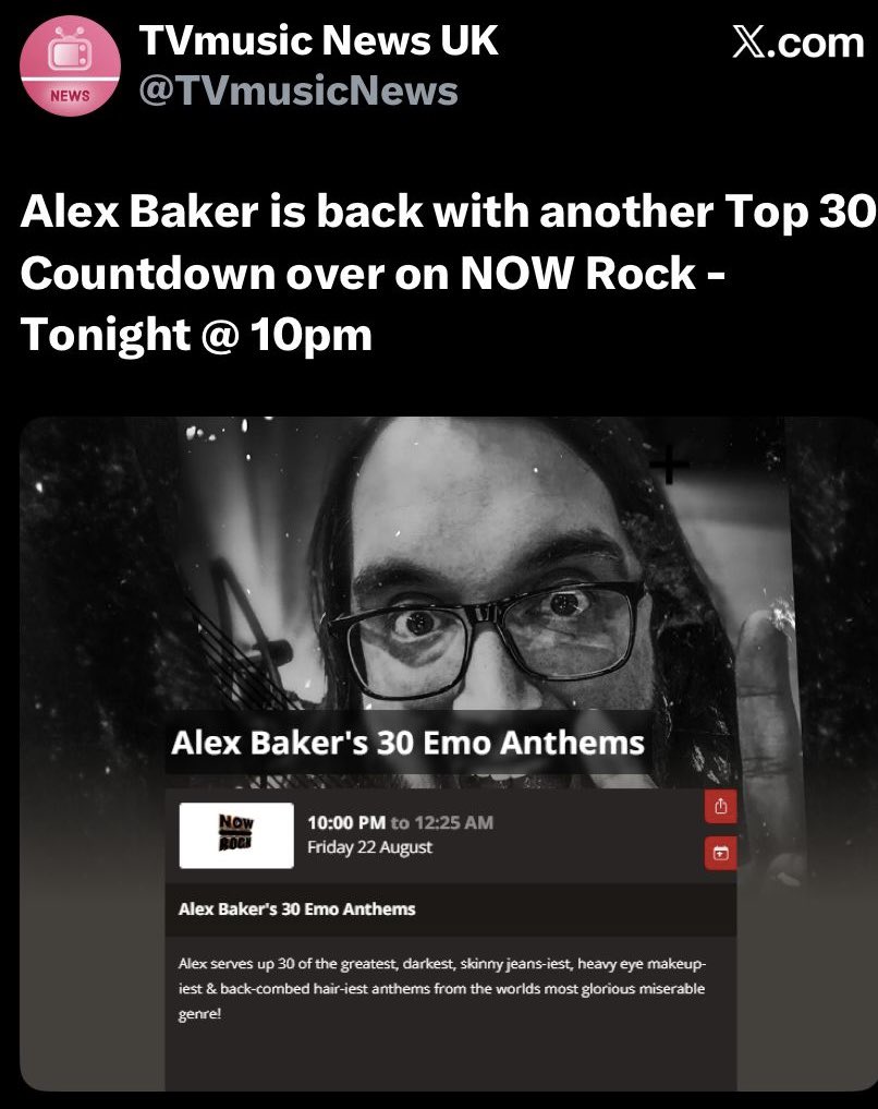 Alex Baker (@alexbakerman) on Twitter photo If you love a bit of EMO!
Then I’m counting down my Top 30 Emo Anthems tonight from 10pm on Now Rock! If you love a bit of EMO!
Then I’m counting down my Top 30 Emo Anthems tonight from 10pm on Now Rock!