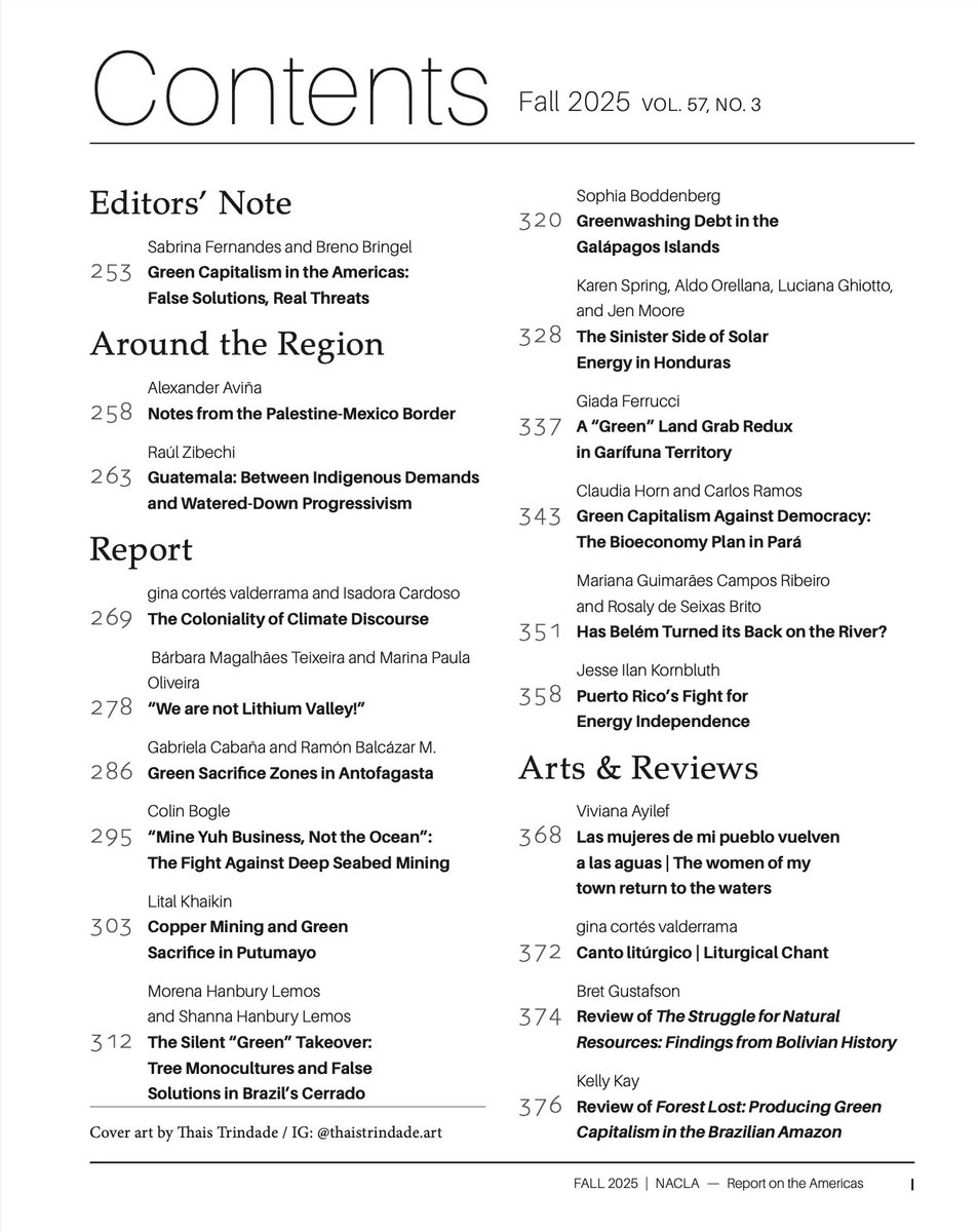 NACLA Report (@nacla) on Twitter photo 🌿 The Fall 2025 issue is out! 🌿
Guest edited by <a href="/safbf/">Sabrina Fernandes - ecocene.blog</a> and <a href="/brenobringel/">Breno Bringel</a>, this special issue critically examines the rise of green capitalism in the region in the lead-up to COP30 in Belém, Brazil in November.
See more at nacla.org and tandfonline.com/toc/rnac20/57/3 🌿 The Fall 2025 issue is out! 🌿
Guest edited by <a href="/safbf/">Sabrina Fernandes - ecocene.blog</a> and <a href="/brenobringel/">Breno Bringel</a>, this special issue critically examines the rise of green capitalism in the region in the lead-up to COP30 in Belém, Brazil in November.
See more at nacla.org and tandfonline.com/toc/rnac20/57/3
