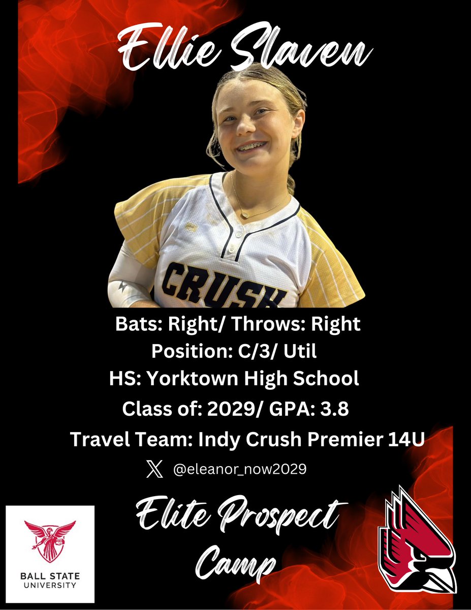 Ellie Nowaczyk-Slaven (@eleanor_now2029) on Twitter photo I’m so excited to attend the Elite Prospect Camp at <a href="/BallStateSB/">Ball State Softball</a> this weekend! I’m ready to work 💪
<a href="/CoachPena_BSU/">Helen Peña</a> <a href="/CoachBurns17/">Matt Burns</a> <a href="/avrey_steiner/">Avrey Steiner</a> <a href="/indycrush2011/">Indy Crush 14U Premier Walker</a> I’m so excited to attend the Elite Prospect Camp at <a href="/BallStateSB/">Ball State Softball</a> this weekend! I’m ready to work 💪
<a href="/CoachPena_BSU/">Helen Peña</a> <a href="/CoachBurns17/">Matt Burns</a> <a href="/avrey_steiner/">Avrey Steiner</a> <a href="/indycrush2011/">Indy Crush 14U Premier Walker</a>