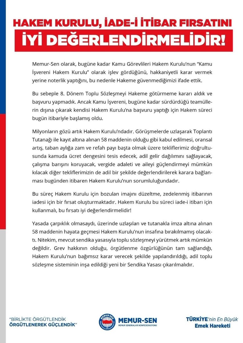 Bu nasıl bir açıklama?
Hangi iade-i ıtibar? 

Yahu, günlerdir Hakem Heyetine güvenilmez diyordunuz. Kamu Görevlileri Hakem Kuruluna başvuru da yapmadınız. 
Bu açıklama, açıkça Kurula katılacağınız anlamına gelir. İnsanlar ilk defa doğru bir şey yaptığınızı düşünmeye başlamışken,