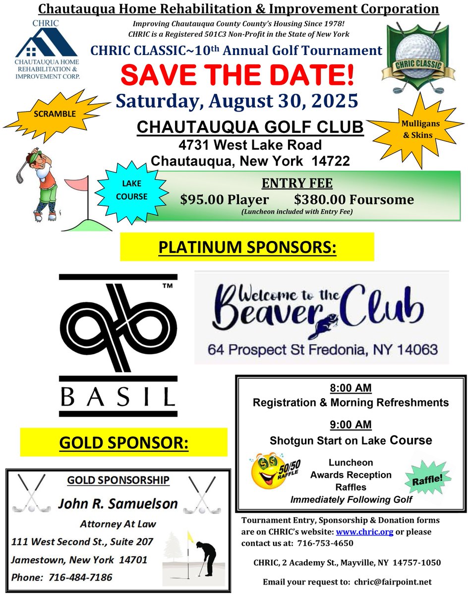 Labor Day Weekend! Registration still open for the 10th Annual CHRIC Classic Golf Tournament-Saturday, August 30, 2025 Chautauqua Lake Golf Club #CHQ more info at:  chric.org/index.php/fund… #Chautauqua #golf   or call 716-753-4650 to register a Team!