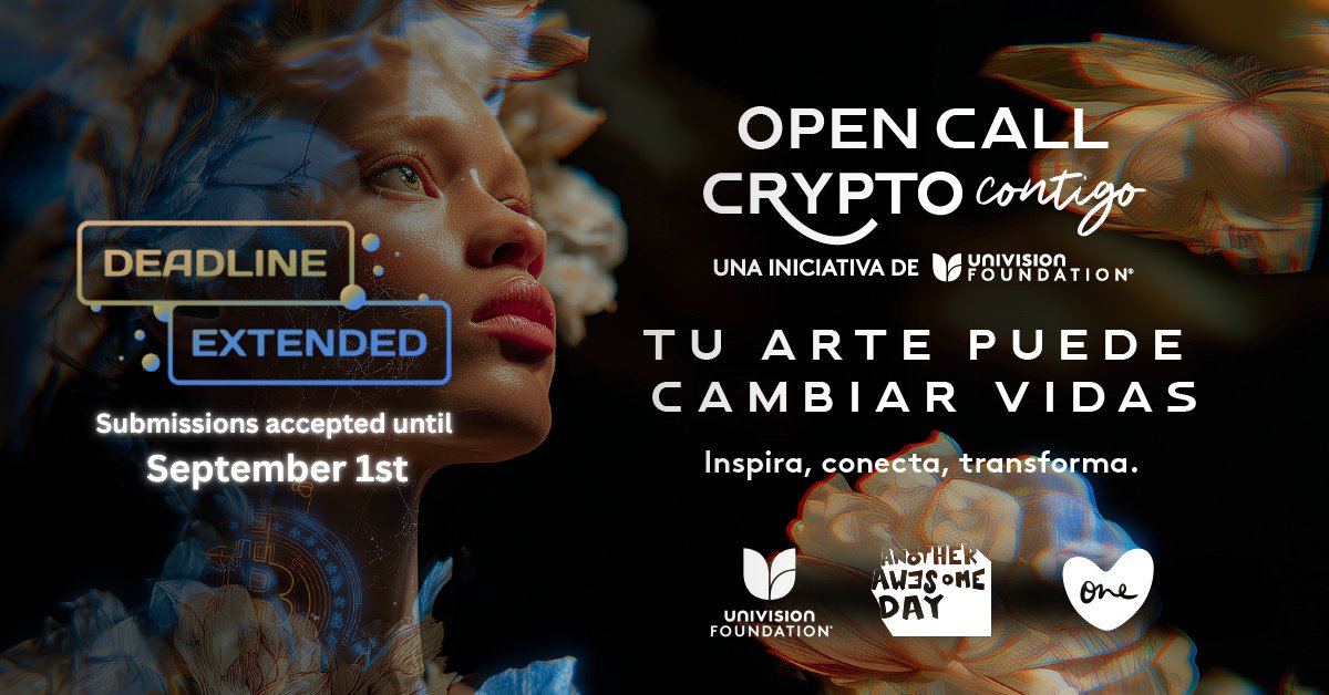 OneLoveArtDAO's tweet image. Update 📢

The response has been incredible! Due to overwhelming excitement from visionary artists worldwide, we're extending our Crypto Contigo deadline to September 1st!

@UnivisionFDN @Aawesomeday 

Apply on @WebbieSocialApp using #cryptocontigo