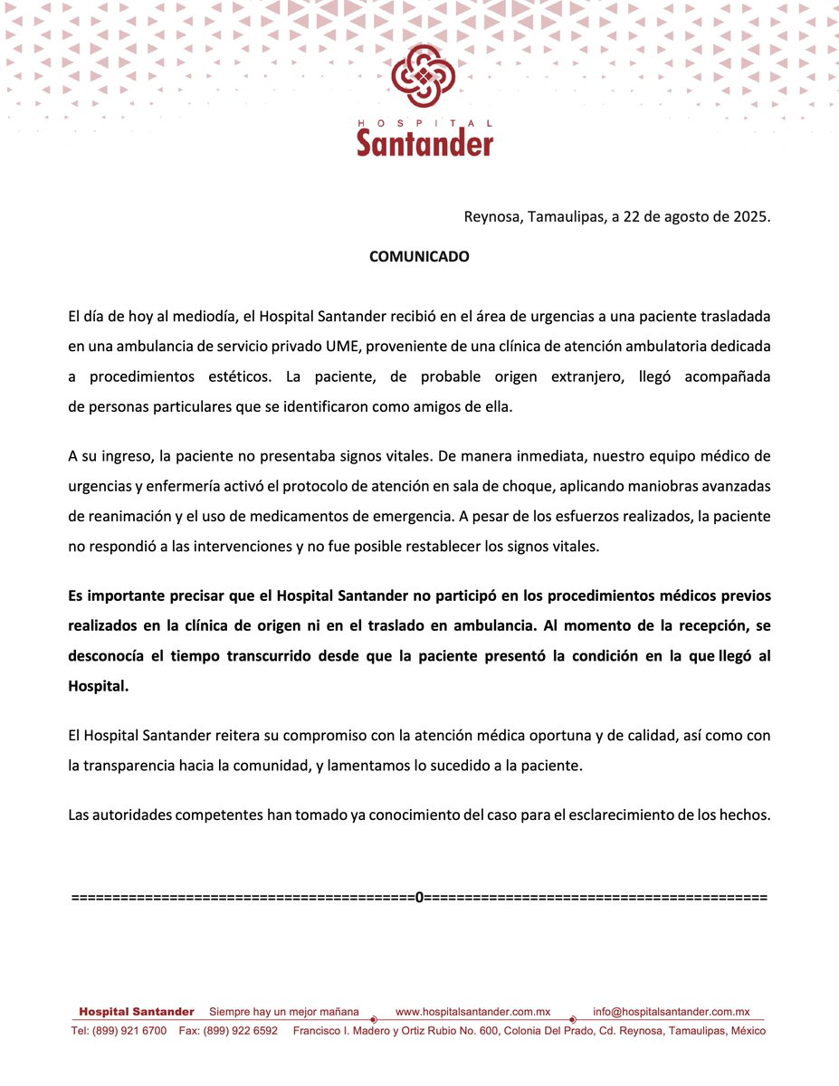 HospSantander's tweet photo. El Hospital Santander recibió a una paciente de una clínica privada de procedimientos estéticos. A pesar de los protocolos de urgencias, no fue posible reanimarla. No participamos en los procedimientos previos ni en el traslado. https://t.co/JzNcw5U5Ob