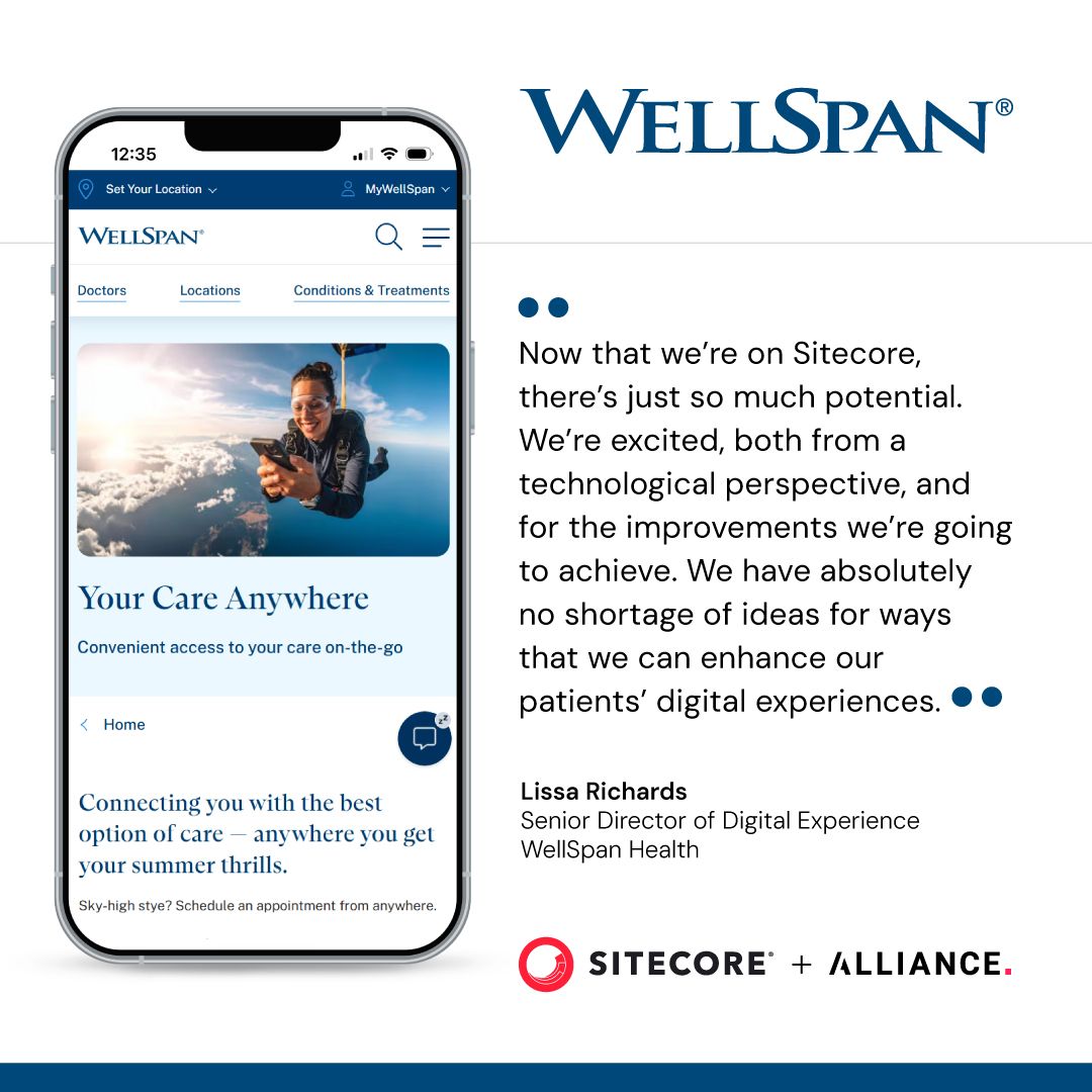 Sitecore's tweet image. See why was choosing Sitecore an easy decision for WellSpan. With 6M site visits each year, WellSpan Health needed to update its website and content delivery by shifting to a one-size-fits-one experience. 
Read the story: siteco.re/3UCtwxy
