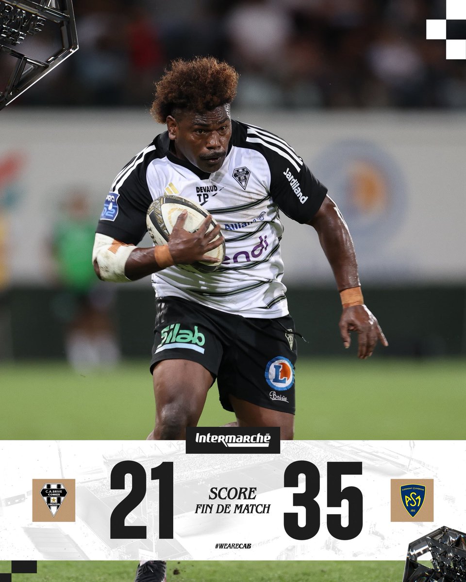 CA Brive Rugby (@cabclrugby) on Twitter photo 𝑭𝑰𝑵 𝑫𝑼 𝑴𝑨𝑻𝑪𝑯 
Les Brivistes s’inclinent sur le score de 35 à 21. Les Noir & Blanc ont tenu la balle et ont occupé le camp clermontois, quelques ajustements seront nécessaires avant la réception de Vannes 🙌
Merci à tous les supporters 🖤🤍 𝑭𝑰𝑵 𝑫𝑼 𝑴𝑨𝑻𝑪𝑯 
Les Brivistes s’inclinent sur le score de 35 à 21. Les Noir & Blanc ont tenu la balle et ont occupé le camp clermontois, quelques ajustements seront nécessaires avant la réception de Vannes 🙌
Merci à tous les supporters 🖤🤍