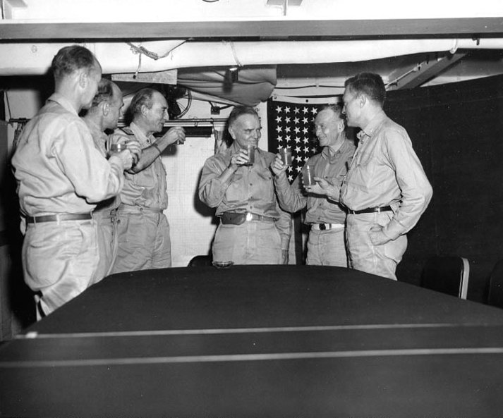 #OTD in 1945, Admiral William Halsey hosted several senior U.S. and Royal Navy officers aboard USS Missouri to toast the surrender of Japan and the end of WWII. He used a Ka-bar to cut the cake at the reception.