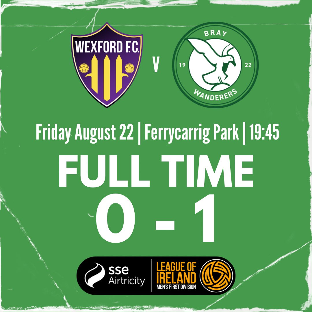 Full Time at Ferrycarrig Park

Back to winning ways as we leave with all three points.

Thanks for all the support and safe home 

On to UCD away next week 

#Seagulls 🟢⚪️