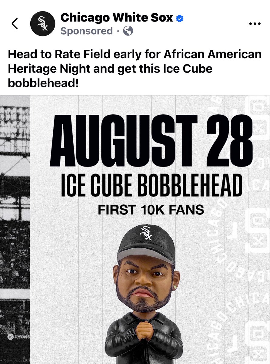 I can’t be the only one thinking that this is an odd bobblehead  choice for <a href="/whitesox/">Chicago White Sox</a> African-American Heritage Night. I bet even <a href="/icecube/">Ice Cube</a> would agree.

Everything else aside, the only Sox connection is his hat in the Straight Outta Compton movie and even that was a mistake.