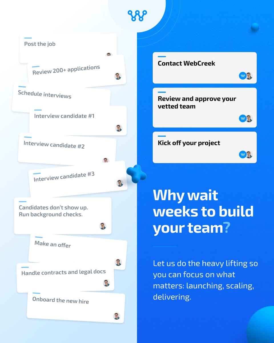 🚀 Build smarter. Launch faster.

At WebCreek, we supercharge your development capacity with no long hiring cycles and no delays. Our elite senior engineers integrate seamlessly with your team, driving innovation from day one.

Here’s what you get when you work with us:

✅