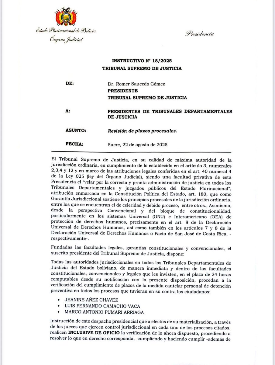 🚨 Justiça boliviana anuncia a libertação de todos os presos políticos.
➡️Jeanine Áñez, Luis Fernando Camacho e Marco Pumari serão liberados. Assim como as vítimas do 08/01 e “Trama Golpista”, eles não deveriam ter passado um único dia na prisão.