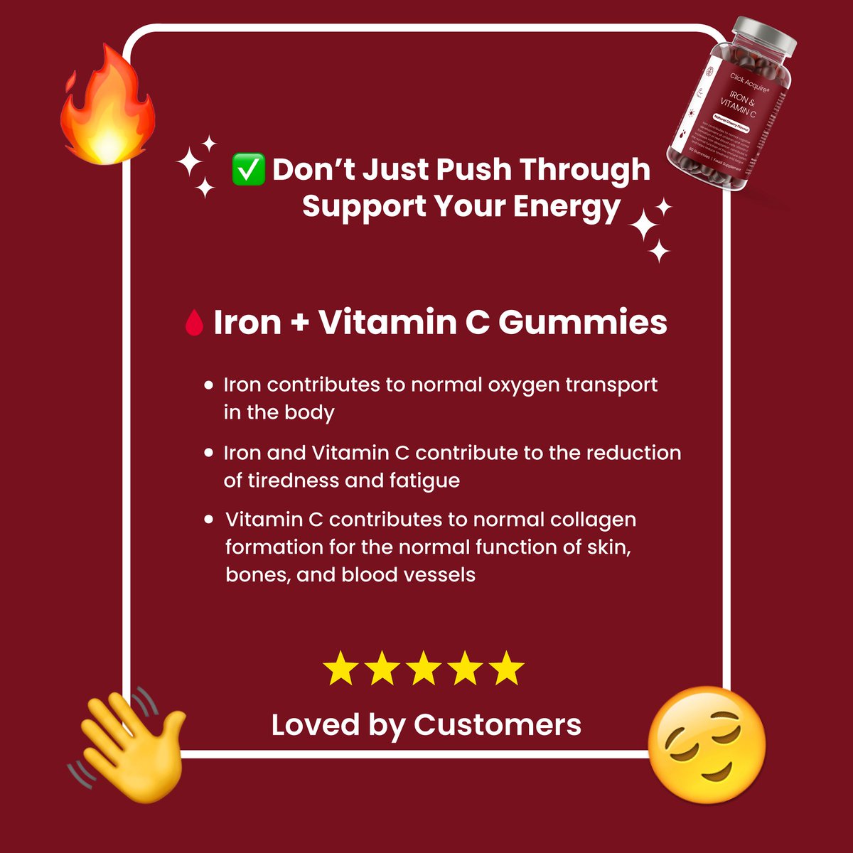 ClickAcquire's tweet image. ✨ Don’t just push through your day.. Fuel it!

Our Iron + Vitamin C Gummies are here to support your energy, reduce fatigue, and help your body stay strong 💪🍒 

⭐ Loved by customers &amp;amp; packed with benefits for your daily wellness routine!