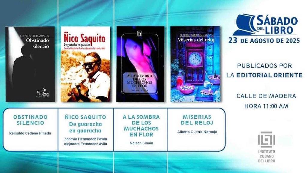 La Papeleta🇨🇺 (@lapapeletacuba) on Twitter photo El tradicional espacio #SábadoDelLibro, que convoca el <a href="/cubano_libro/">Instituto Cubano del Libro</a>, publicados por la <a href="/EditorialOrienT/">Editorial Oriente</a>.
🗓️ 23 de agosto de 2025
🕚 11:00 am.
📍 Calle de Madera, Habana Vieja
.
.
.
<a href="/CubarteES/">Cubarte</a> <a href="/AlmaMater_Rev/">Revista Alma Mater</a>
#LaPapeletaCuba #CubaEsCultura #LeerEsCrecer #VeranoSiempreJoven El tradicional espacio #SábadoDelLibro, que convoca el <a href="/cubano_libro/">Instituto Cubano del Libro</a>, publicados por la <a href="/EditorialOrienT/">Editorial Oriente</a>.
🗓️ 23 de agosto de 2025
🕚 11:00 am.
📍 Calle de Madera, Habana Vieja
.
.
.
<a href="/CubarteES/">Cubarte</a> <a href="/AlmaMater_Rev/">Revista Alma Mater</a>
#LaPapeletaCuba #CubaEsCultura #LeerEsCrecer #VeranoSiempreJoven