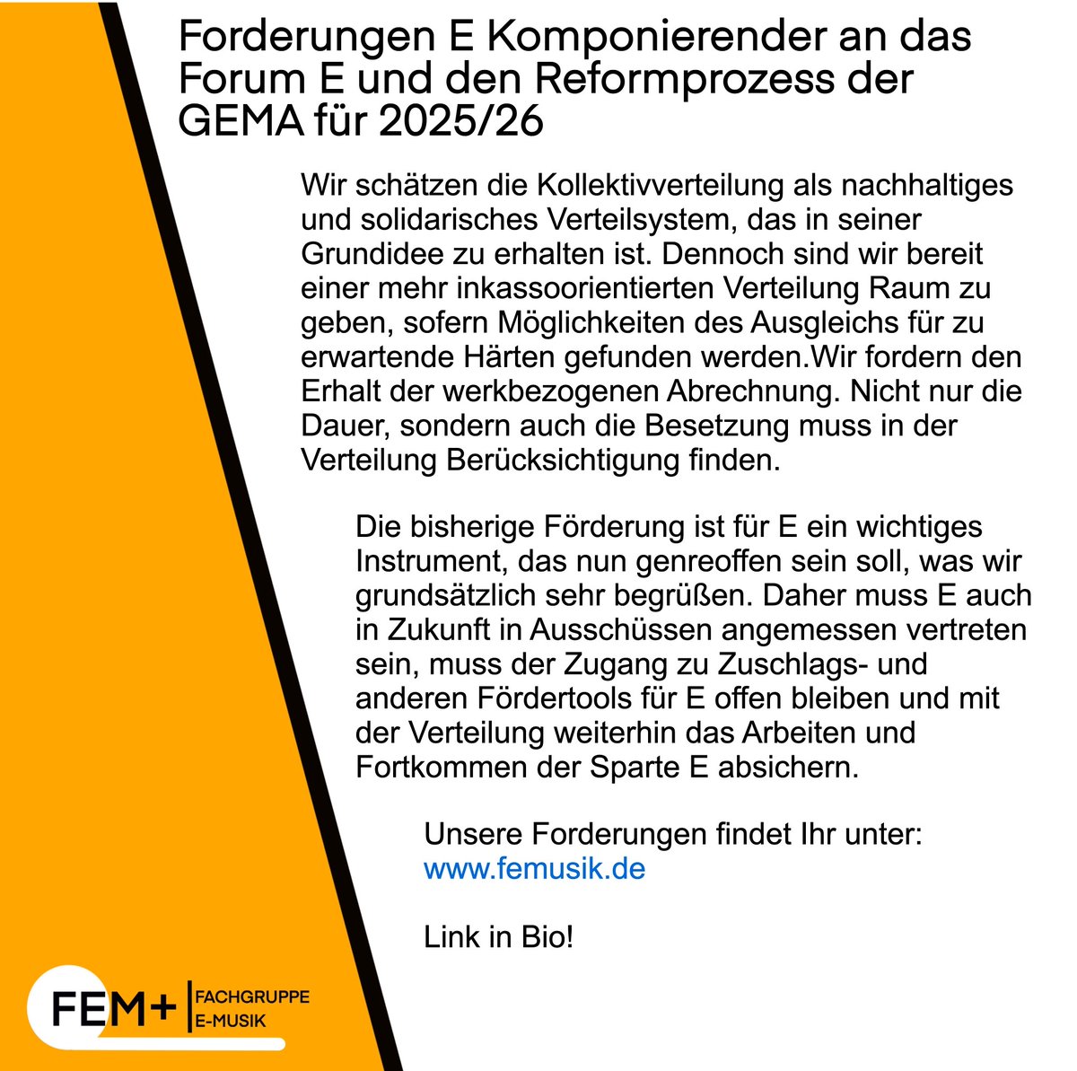 Forderungen E Komponierender an das Forum E und den Reformprozess der GEMA für 2025/26

femusik.de/wp-content/upl…