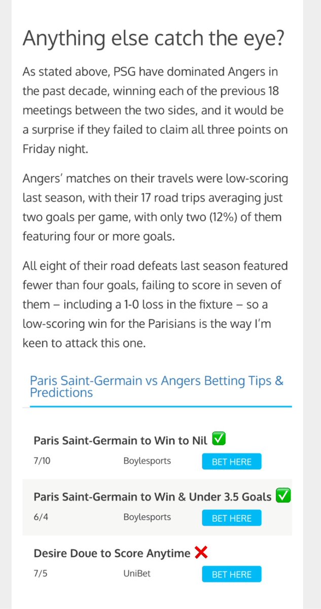 ⚽️ Paris Saint-Germain vs Angers (1-0 ⚽️)

🔵 Paris Saint-Germain to Win to Nil 7/10 ✅
🔵 Paris Saint-Germain to Win &amp; Under 3.5 Goals 6/4 ✅

No Doue goal, but a low-scoring PSG victory helps land a couple of winners 👌🏼⚽️