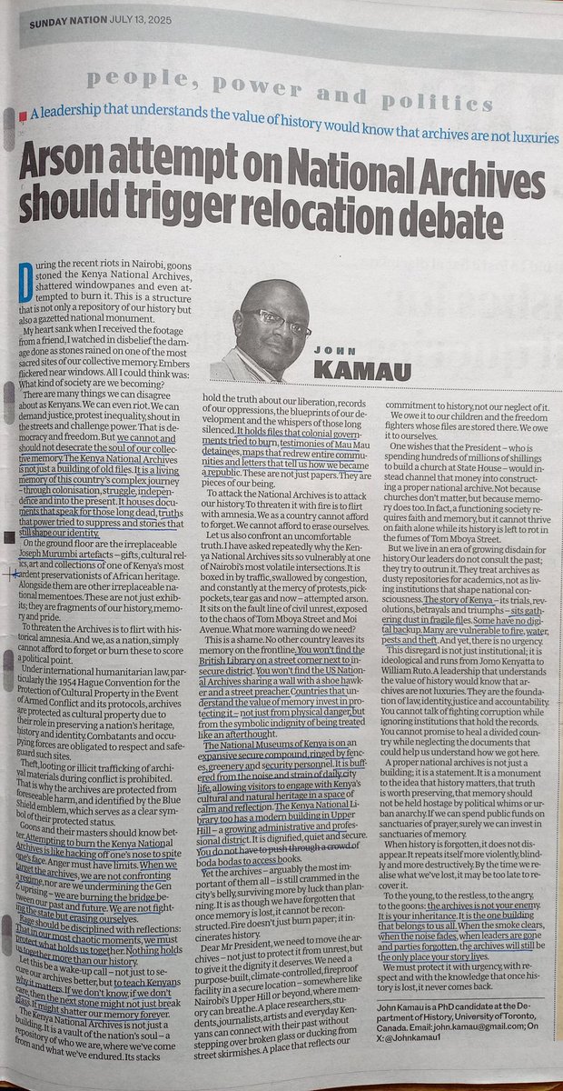 I understand that the government has announced plans to relocate the Kenya National Archives — a move I have long called for. This decision could not be more timely. The current premises, though historically significant, are no longer adequate for the demands of a modern archival