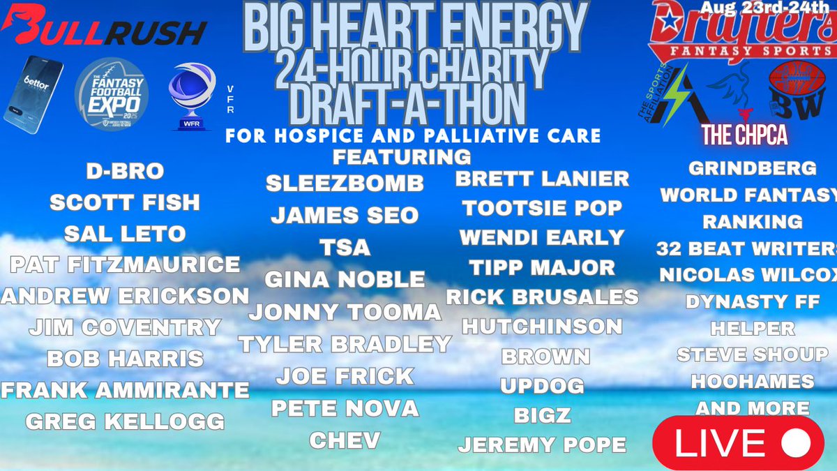 🚨 ANNOUNCEMENT 🚨

We’re going LIVE for 24 HOURS straight 🏈🔥
📅 Sat Aug 23 @ 12 PM – Sun Aug 24 @ 12 PM
🎗️ All for Hospice &amp; Palliative Care

Featuring the BIGGEST names in #fantasyfootball 

 Watch👉🏽youtube.com/live/8FHNibP-q…
🧵
All Star Guest List In The Thread👇🏽