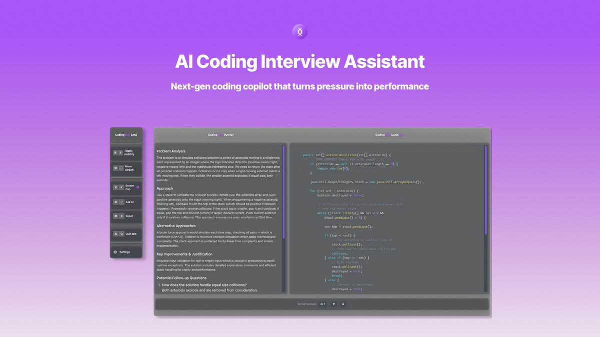 codingveil's tweet image. Have you ever failed a coding interview?
Not because you couldn’t solve the problem… but because nerves, time pressure, and a blank screen got the better of you.
That’s where CodingVeil comes in — an AI Coding Interview Assistant built for high-pressure moments.
⚡ Stealth Mode…