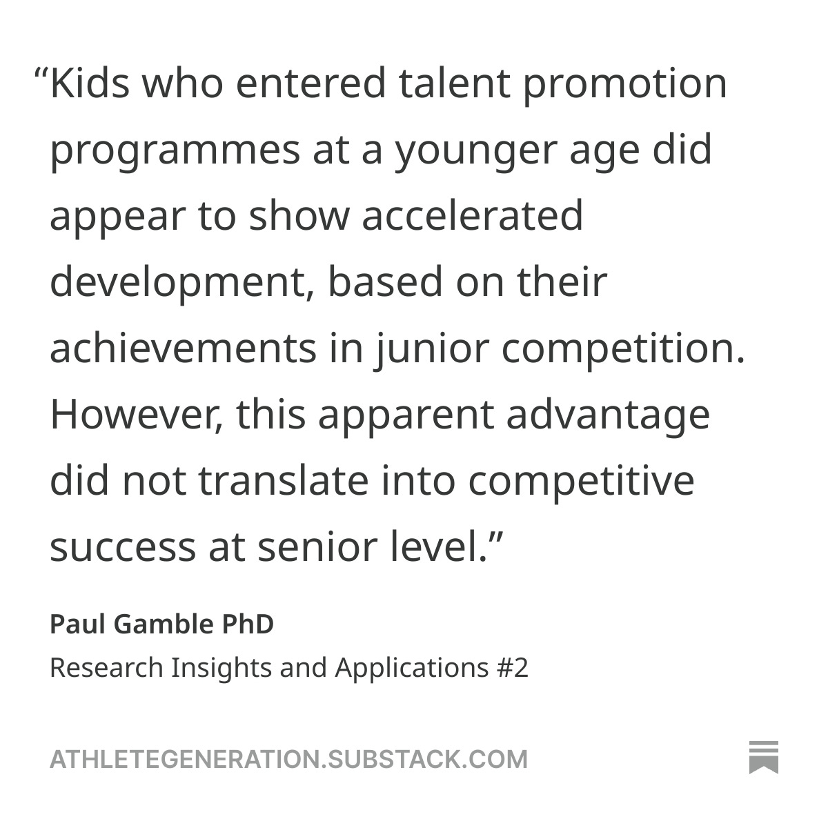 Does being selected early for talent development programmes bring more success at junior- and senior-level?

Short answer, it seems 'yes' and 'no'.

But the question not answered by the original publication, which I tackle in the commentary, is whether this is also true for girls