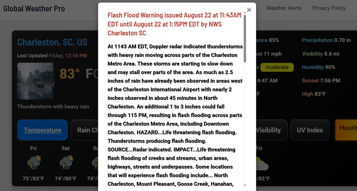 Point Forecaster for Android (@point_forecast) on Twitter photo #FlashFlood #Flood #SCwx
<a href="/NWSFlashFlood/">@NWSFlashFlood</a> has issued a Flash Flood Warning continuation for Charleston SC, North Charleston SC and Hanahan SC until 1:15 PM EDT #FlashFlood #Flood #SCwx
<a href="/NWSFlashFlood/">@NWSFlashFlood</a> has issued a Flash Flood Warning continuation for Charleston SC, North Charleston SC and Hanahan SC until 1:15 PM EDT