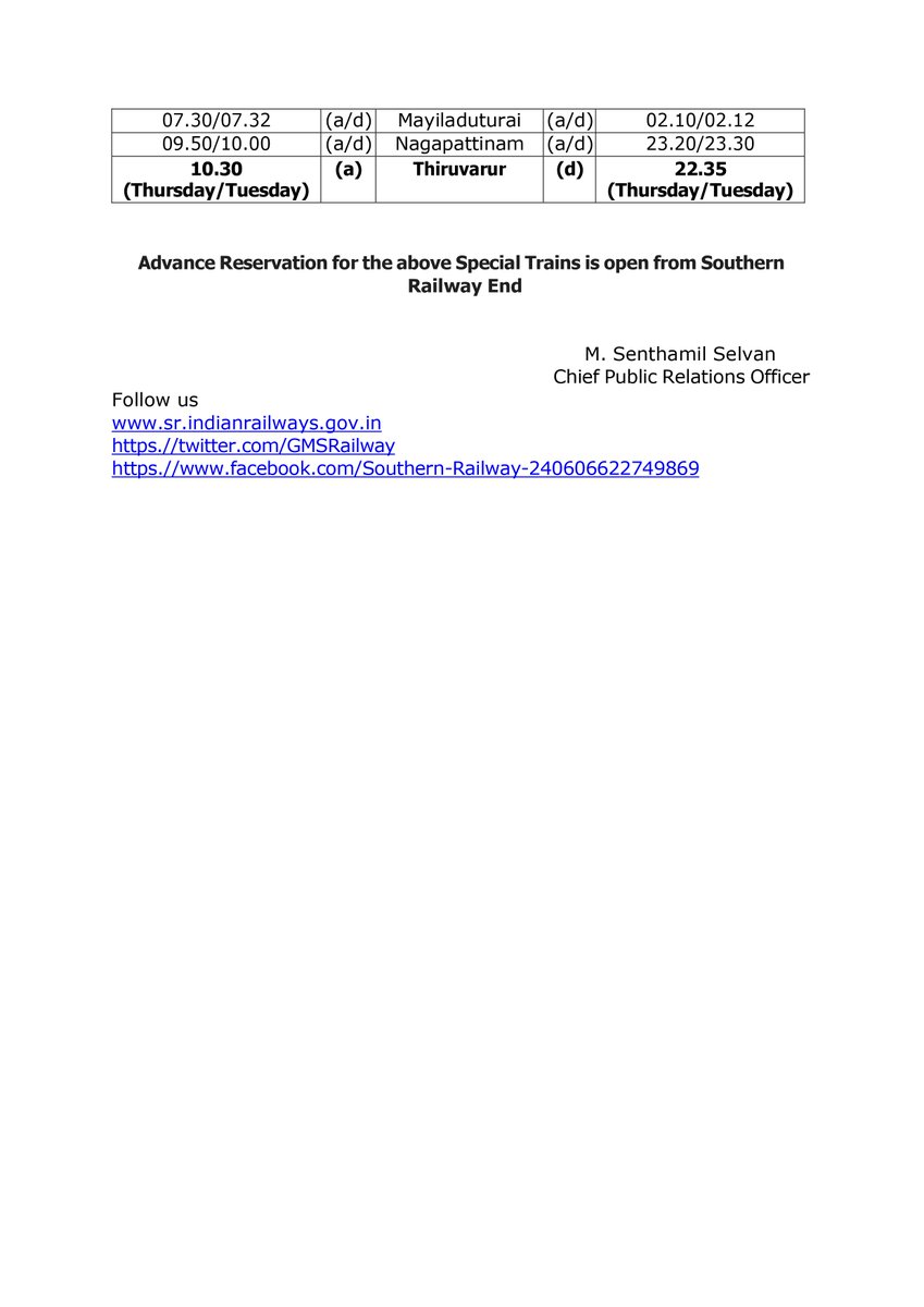 For the benefit of passengers travelling for the #Velankanni festival, #SouthCentralRailway has scheduled Special Trains connecting #charlapalli &amp; #Thiruvarur

These services ensure hassle-free travel during the festive rush!

#SouthernRailway