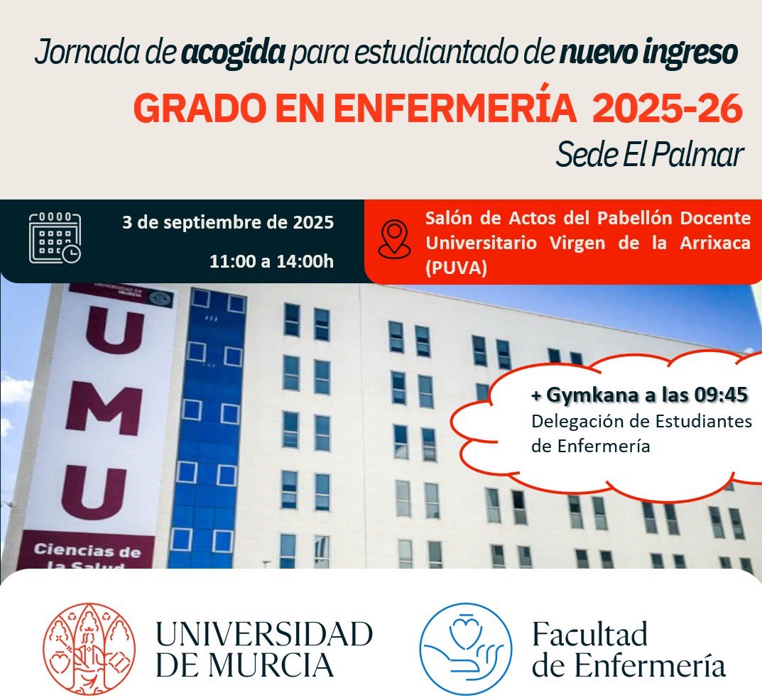🎉 ¡Arranca el curso! 🎓💙
El 3 de septiembre: Jornada de Acogida 2025/26 – El Palmar:
🕘 09:45 h → Gymkana
📍 Punto de encuentro: entre el Edificio Departamental y el Aulario.
🕚 11:00 h → Acto de Bienvenida
📍 Salón de Actos del PUVA 
👉 ¡No faltes, empezamos con energía!