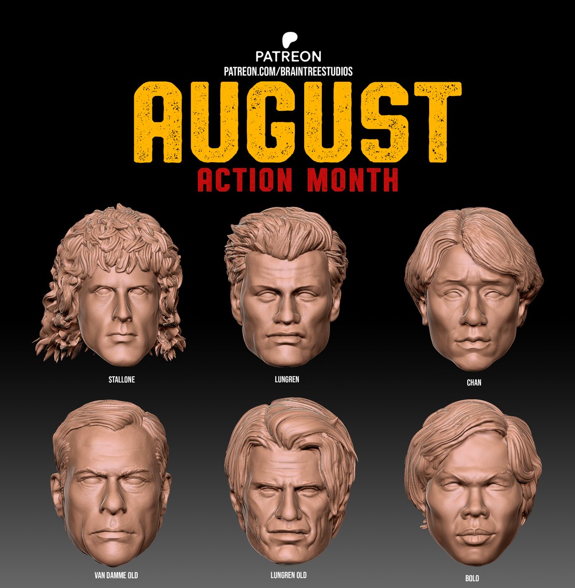 braintreestudio's tweet photo. LAST CHANCE – AUGUST ACTION MONTH 
August is almost over, and so is your shot at scoring all 6 iconic action heads from the golden era of ass-kicking cinema. After this month? GONE.
https://t.co/eYuP3tGULf
#CustomActionFigures #3DPrintedHeads #ActionFigureCustoms #ToyPhotography https://t.co/VnaXLwrZaJ