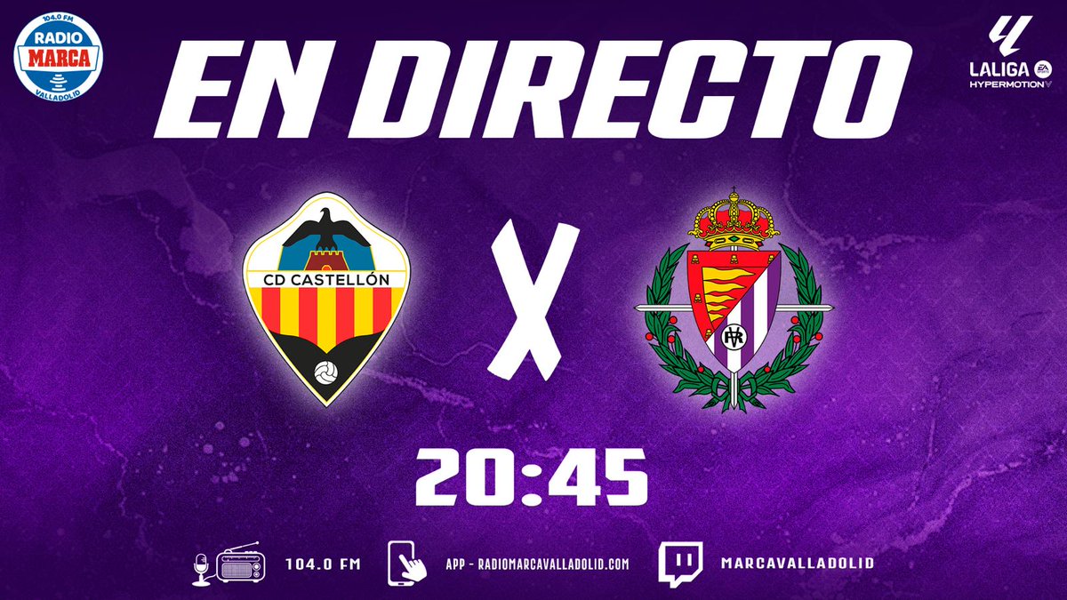 MARCA VALLADOLID (@marcavalladolid) on Twitter photo 🟣 𝙃𝙊𝙔 𝙅𝙐𝙀𝙂𝘼 𝙀𝙇 𝙍𝙀𝘼𝙇 𝙑𝘼𝙇𝙇𝘼𝘿𝙊𝙇𝙄𝘿 en #MarcadorPucela
⚽️ <a href="/CDCastellon/">CD Castellón</a> 🆚️ <a href="/realvalladolid/">Real Valladolid C.F.</a>
🗣 Narración: <a href="/chusrodriguez/">Chus Rodríguez</a>
🎤 Inalámbrico: <a href="/jesus_pucela/">Jesús Pérez Baraja</a>
🎙 Comentarios: <a href="/chenchoal/">Chencho Alonso</a>
🖥 Estudio: <a href="/Adrian_Gomez99/">Adrián Gómez</a>
👨⚖️ Árbitro: <a href="/jcalonsosanz/">Juan Carlos</a> 🟣 𝙃𝙊𝙔 𝙅𝙐𝙀𝙂𝘼 𝙀𝙇 𝙍𝙀𝘼𝙇 𝙑𝘼𝙇𝙇𝘼𝘿𝙊𝙇𝙄𝘿 en #MarcadorPucela
⚽️ <a href="/CDCastellon/">CD Castellón</a> 🆚️ <a href="/realvalladolid/">Real Valladolid C.F.</a>
🗣 Narración: <a href="/chusrodriguez/">Chus Rodríguez</a>
🎤 Inalámbrico: <a href="/jesus_pucela/">Jesús Pérez Baraja</a>
🎙 Comentarios: <a href="/chenchoal/">Chencho Alonso</a>
🖥 Estudio: <a href="/Adrian_Gomez99/">Adrián Gómez</a>
👨⚖️ Árbitro: <a href="/jcalonsosanz/">Juan Carlos</a>