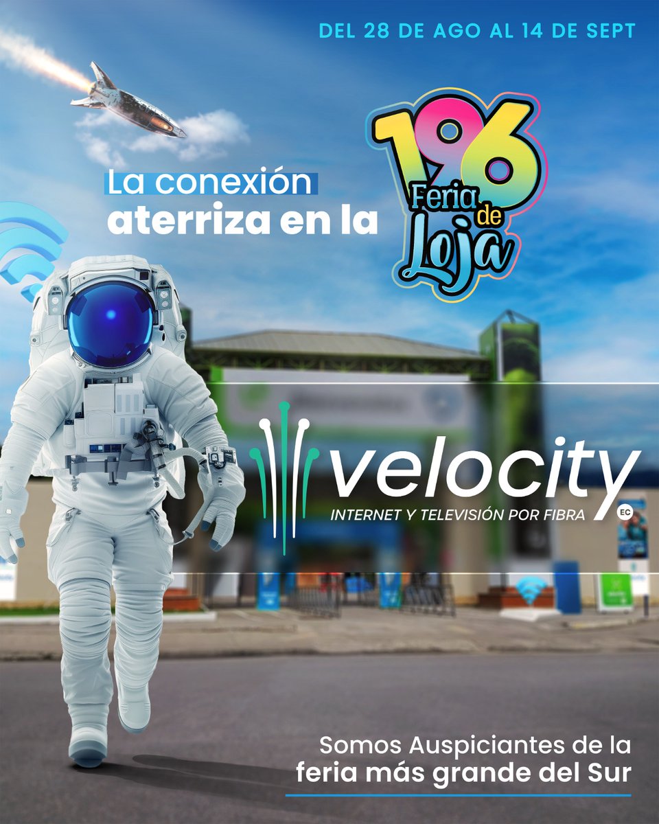 🚀 Velocity conecta la Feria de Loja 🎡

📅 Del 28 de agosto al 14 de septiembre

🛜 WiFi 6 GRATIS por 3 horas para que navegues, compartas y disfrutes la #Feria196 sin interrupciones.

✨ Vive al máximo la feria más grande del país 🇪🇨

#Internet #feriadeloja196