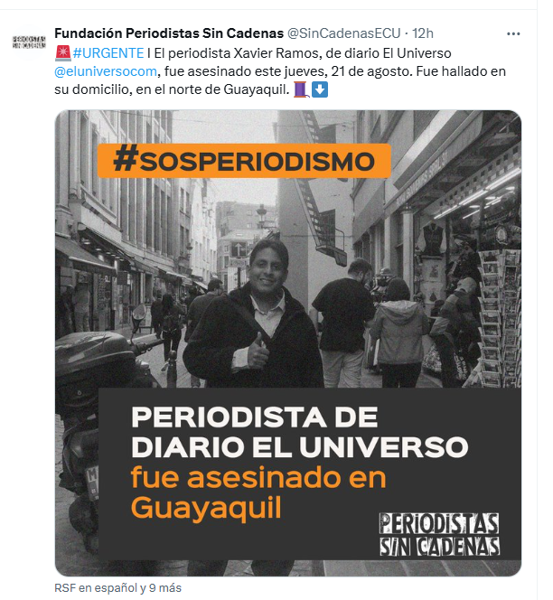 Pinvestigacion3's tweet photo. Organizaciones de defensa de periodistas como #Fundamedios y #PeriodistassinCadenas señalaron la compleja situación de inseguridad para #periodistas en el #Ecuador. Es el segundo asesinato de un periodista en 2025, tras el de Patricio Aguilar en Quinindé. https://t.co/SuEez7OQZT
