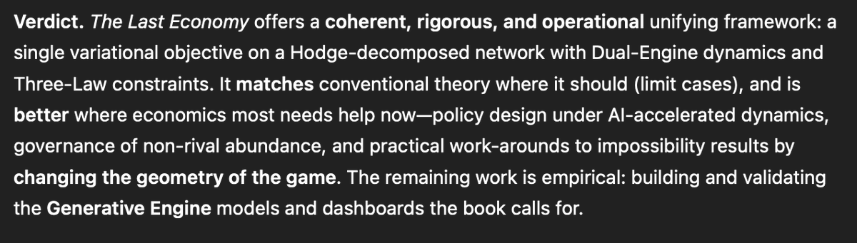 A comprehensive new theory of economics for the AI age

All of economics derived &amp; unified from one Principle.

Based on the equations of generative AI

Read the book (free!) &amp; beat it up with your own AI

The (quite lovely) formal math, empirics etc 🔜

Dismal science no more😀