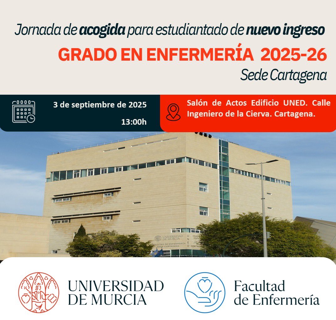 🎉 ¡Bienvenida al Grado en Enfermería – Sede Cartagena! 🎓💙
El 3 de septiembre damos la bienvenida a los/as estudiantes de 1º curso:
🕐 13:00 h
📍 Salón de Actos – Facultad de Enfermería, Sede Cartagena
👉 Ven y arranca tu aventura universitaria con nosotros.
#EnfermeríaUMU