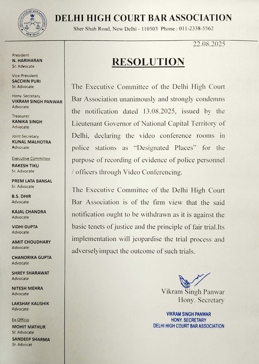 Delhi High Court Bar Association seeks roll back of notification declaring video conference rooms in police stations as "Designated Places" for recording of evidence of police personnel/officers.
