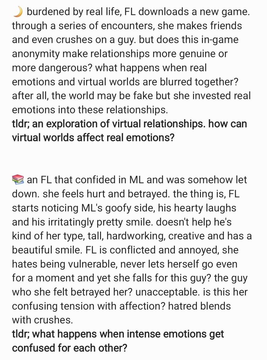 iThinkHao's tweet photo. can i ask what plot is more interesting to yall? to clarify both are NOT ROMANCE and focus on the female lead working through complicated emotions! its like packaged in a classic romance setting but with more depth in exploring emotions? kinda

pls vote belowww 🙏 https://t.co/I6Ncpz4Bwn