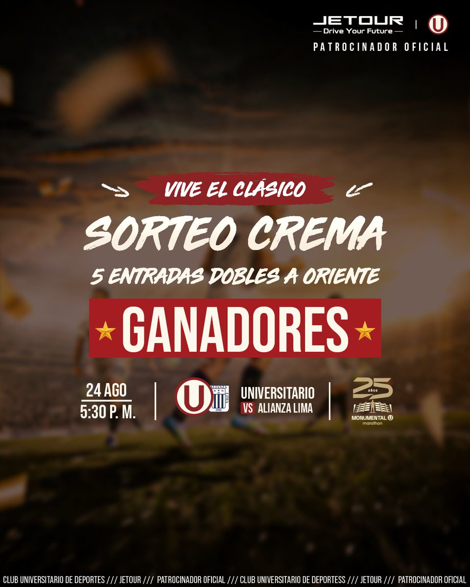 ¡Felicidades a nuestros ganadores de nuestro próximo partido U vs Alianza Lima! 🎊🙌

🔸Jhadiel Gonzalo
🔸Moises Toro Mendoza
🔸Cesar Zapata
🔸Dany Escobar
🔸Edward Calvay

¡Atentos a sus inbox! ¡Nos vemos en el monumental! ⚽🔥
#YDaleU #YDaleJetoUr #LaGrandezaNosUne