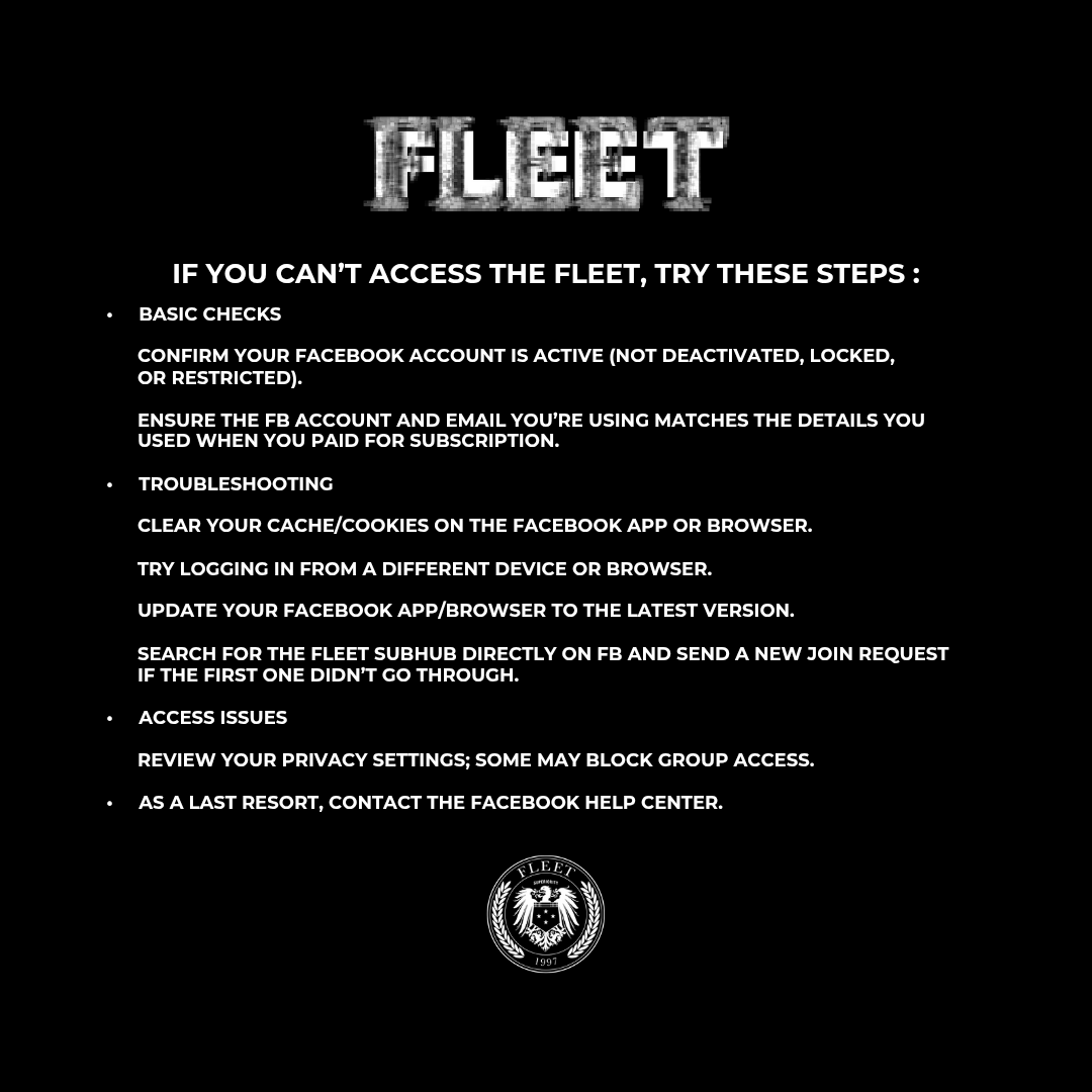 fleetmoderator's tweet photo. Some subscribers are experiencing difficulties accessing the FLEET subhub on FB. We're looking into this and will provide updates once resolved. In the meantime, please try the suggestions below for self-resolution. Thank you for your patience.

#FELIP #FELIP_FLEET 
#FLEETCommand https://t.co/6fLe0063af