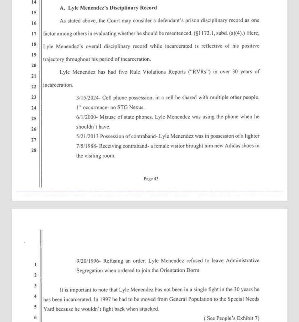 Lyle Menendez will face the parole board shortly. Per his disciplinary records (forgive me, I am unsure of the date on this), he had 5 violations: Cell Phone, Misuse of State Phones, Possession of a lighter, receiving new shoes from a female visitor, and refusing an order. No