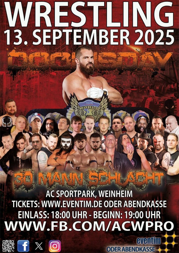 Liebe ACW Fans,
nach einer kleinen sommerlichen Verschnaufpause blicken wir auf unsere nächste Veranstaltung: ACW Doomsday XX...
 
📷 Weitere Infos auch über: 📷
Instagram-Kanal: @acw_prowrestling
instagram.com/acw_prowrestli…

facebook.com/photo/?fbid=11…

#Wrestling #Weinheim